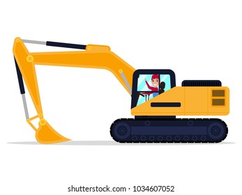 Vector illustration of a cartoon character male driver on an building machine excavator. Isolated white background. The machine is a digger. Flat style, side view.