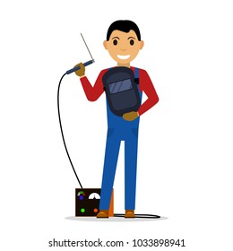 Vector illustration of a cartoon character a man welder with a welding machine. Isolated white background. Flat style.