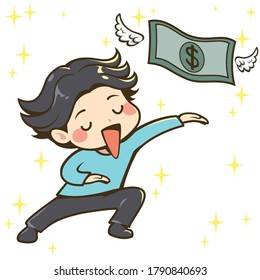 Vector illustration cartoon character man with banknote. People who like money very much. Clip art, Isolated on white background. Decoration, Sticker and pattern.