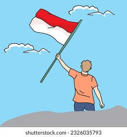 vector illustration of a cartoon character of man carrying indonesian flag