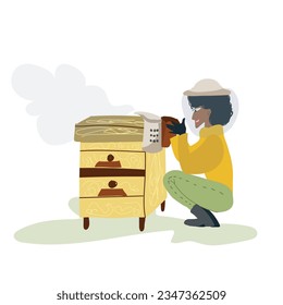 Vector illustration of cartoon character man, woman fumigates beehives with bees, beekeeping, honey.