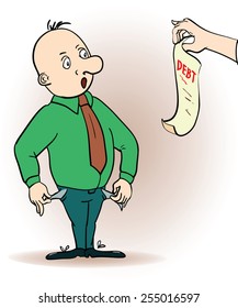 Vector illustration of a cartoon character. man hassled by creditors holding bills, signs, payment demands. Vector