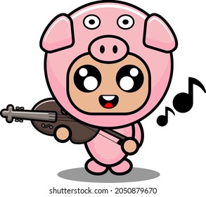 vector illustration of cartoon character mascot costume animal pig playing the violin