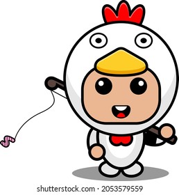vector illustration of cartoon character mascot costume farm animal cute chicken fishing