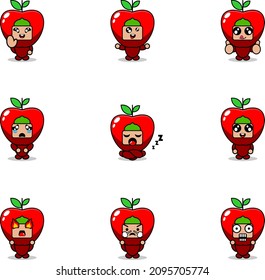 vector illustration of cartoon character mascot costume set of apple fruit expression bundle