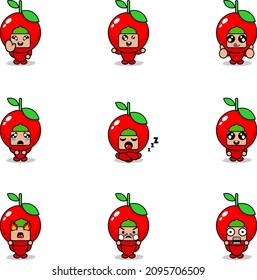 vector illustration of cartoon character mascot costume set of cherry fruit expression bundle
