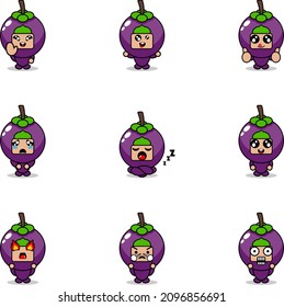 vector illustration of cartoon character mascot costume set of mangosteen fruit expression bundle
