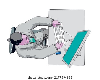 a vector illustration, a cartoon character on office seated with a desktop and a computer, on white background ( top view )
