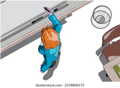 eine Vektorgrafik, eine Zeichentrickfigur auf dem Klassenzimmer, die auf weißem Hintergrund schreibt ( Draufsicht)