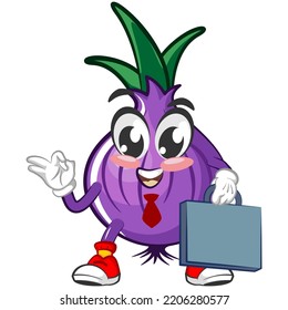 vector illustration of cartoon character of onion working wearing a tie and carrying a briefcase