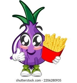 vector illustration of cartoon character of onion carrying french fries