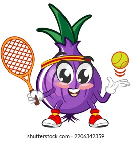 vector illustration of cartoon character of onion playing tennis