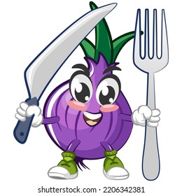 vector illustration of cartoon character of onion carrying a fork and a knife