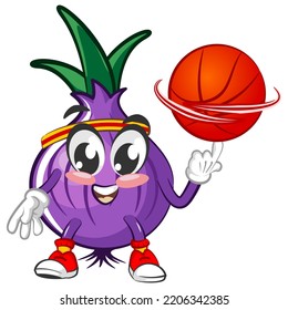 vector illustration of cartoon character of onion playing basketball