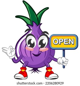 vector illustration of cartoon character from onions with a sign that says open