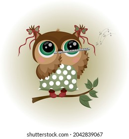 vector illustration of cartoon character owlet playing flute
