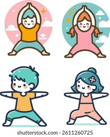 A vector illustration of a cartoon character performing a yoga pose with arms raised and feet widely apart. The character wears orange and green clothing, radiating positivity