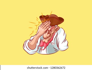 Vector illustration cartoon character pirate hat earring sea robber filibuster hacker thug Gentlemen fortune cartoon emoji sticker captain mascot facepalm OMG design element yellow background isolated