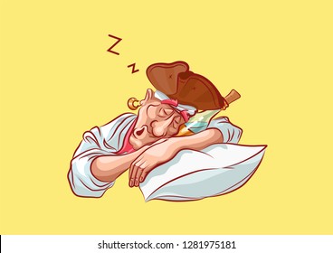 Vector illustration cartoon character pirate sea robber filibuster hacker Gentlemen fortune emoji sticker captain mascot drunk alcoholic sleep pillow hug bottle alcohol expression emotion emoticon