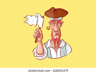 Vector illustration cartoon character pirate sea robber filibuster hacker Gentlemen fortune emoji sticker captain mascot give up waving white flag surrender expression emotion emoticon isolated icon