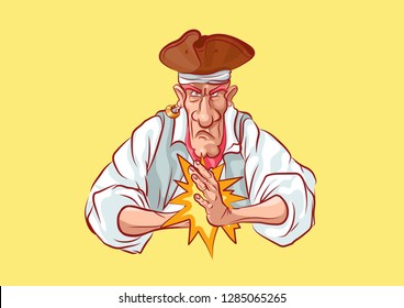 Vector illustration cartoon character pirate sea robber filibuster emoji sticker seaman captain sailor mascot evil angry aggressive threatening punches his palm ready to fight emotion emoticon yellow