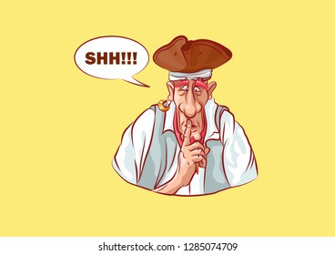 Vector illustration cartoon character pirate sea robber filibuster emoji sticker seaman captain sailor mascot put his index finger to lips gesture quiet shh emotion emoticon isolated yellow background