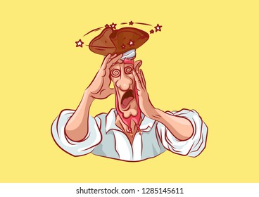 Vector illustration cartoon character pirate sea robber filibuster emoji sticker seaman captain sailor mascot shocked puzzled spiral in the eyes clutching his head gesture emotion emoticon isolated