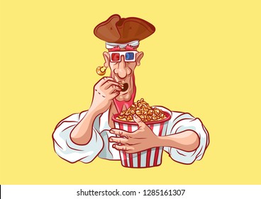 Vector illustration cartoon character pirate sea robber filibuster emoji sticker seaman captain sailor mascot eating popcorn in 3d glasses watching movie emotion emoticon isolated yellow background