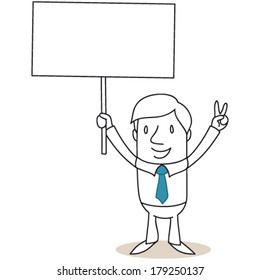 Vector illustration of a cartoon character: Protesting businessman holding up blank sign and showing victorious hand sign.