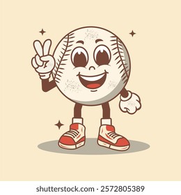 Vector illustration of cartoon character, retro baseball with funny face, and cheerful