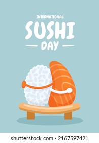 Ilustración vectorial, personaje de dibujos animados, lonchas de arroz y atún, concepto del día internacional del sushi.