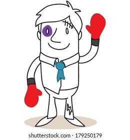 Vector illustration of a cartoon character: Rough looking businessman celebrating his victory after a boxing match.
