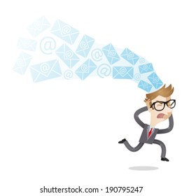 Vector illustration of a cartoon character: Running businessman overwhelmed by emails and permanent availability.