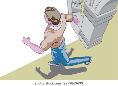 ilustración vectorial, personaje de caricatura que corre por la calle o al aire libre ( vista superior )