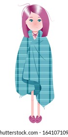 Vector illustration of a cartoon character sad girl wrapped in a turquoise plaid. Isolated on white background