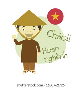 Vector illustration of cartoon character saying hello and welcome in Vietnamese