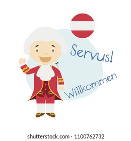 Vector illustration of cartoon character saying hello and welcome in German from Austria