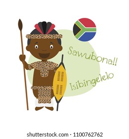Vector illustration of cartoon character saying hello and welcome in Zulu