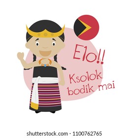 Vector illustration of cartoon character saying hello and welcome in Tetum