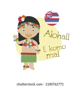 Vector illustration of cartoon character saying hello and welcome in Hawaiian