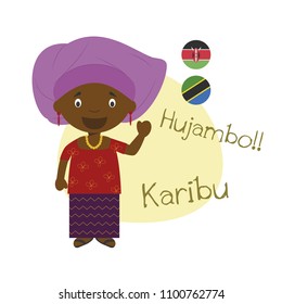 Vector illustration of cartoon character saying hello and welcome in Swahili