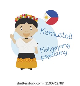 Vector illustration of cartoon character saying hello and welcome in Tagalog
