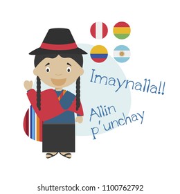 Vector illustration of cartoon character saying hello and welcome in Quechua