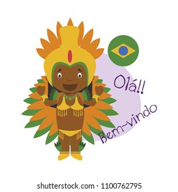 Vector illustration of cartoon character saying hello and welcome in Brazilian