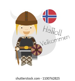 Vector illustration of cartoon character saying hello and welcome in Norwegian