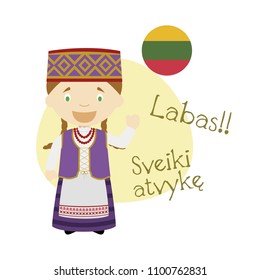 Vector illustration of cartoon character saying hello and welcome in Lithuanian