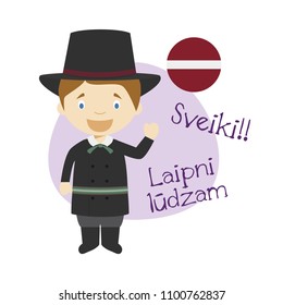 Vector illustration of cartoon character saying hello and welcome in Latvian