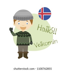 Vector illustration of cartoon character saying hello and welcome in Icelandic