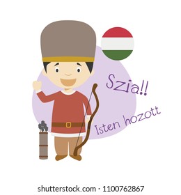 Vector illustration of cartoon character saying hello and welcome in Hungarian