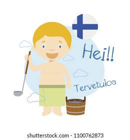 Vector illustration of cartoon character saying hello and welcome in Finnish